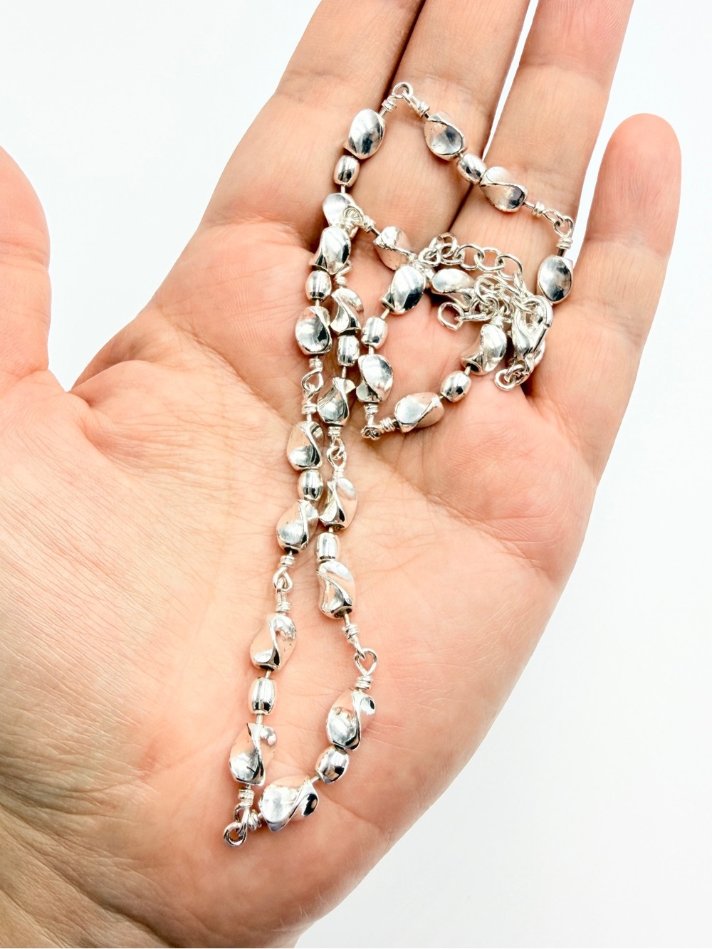 Vintage Silver Tone Beaded Necklace Twisted Oval Link Adjustable